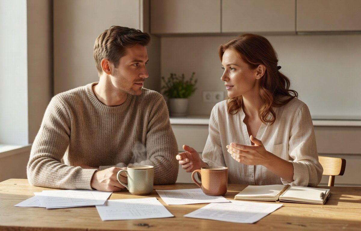 Couple having an honest conversation about money over coffee