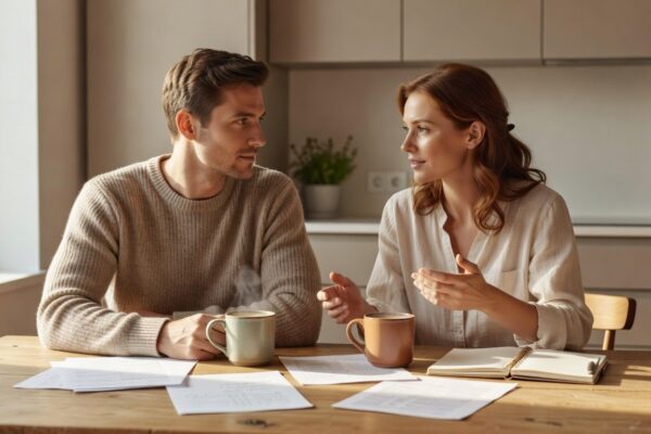 Couple having an honest conversation about money over coffee