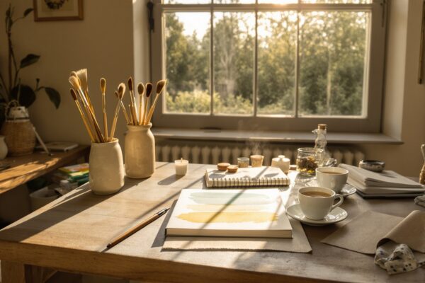 A calm artist studio at golden hour — sable brushes in cream ceramic jars, a watercolour painting in progress, an open notebook, and tea on an oak table beside a sunlit paned window.